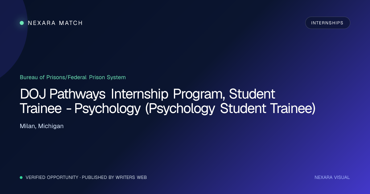 DOJ Pathways Internship Program, Student Trainee - Psychology (Psychology Student Trainee) NEXARA Match opportunity visual