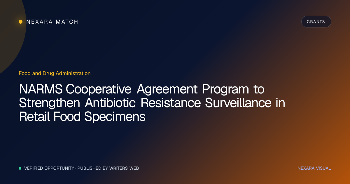 NARMS Cooperative Agreement Program to Strengthen Antibiotic Resistance Surveillance in Retail Food Specimens NEXARA Match opportunity visual
