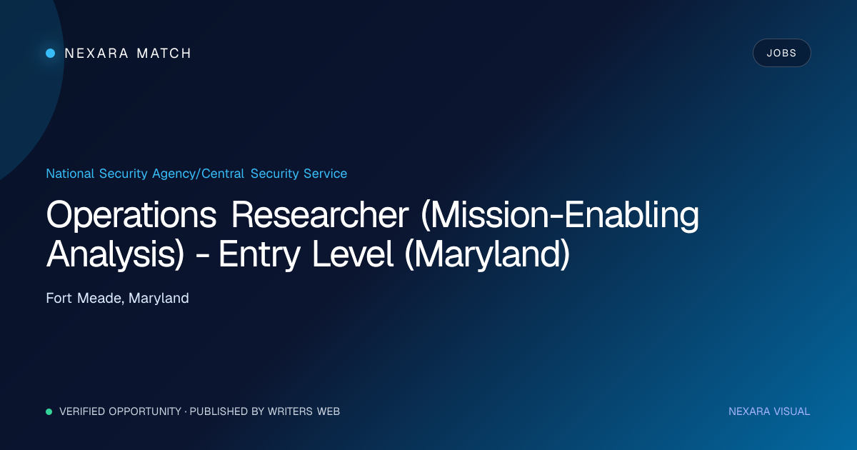 Operations Researcher (Mission-Enabling Analysis) - Entry Level (Maryland) NEXARA Match opportunity visual