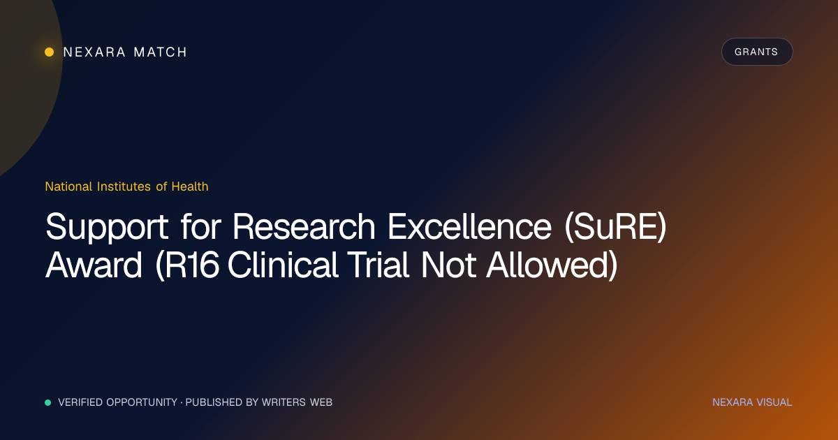 Support for Research Excellence (SuRE) Award (R16 Clinical Trial Not Allowed) NEXARA Match opportunity visual